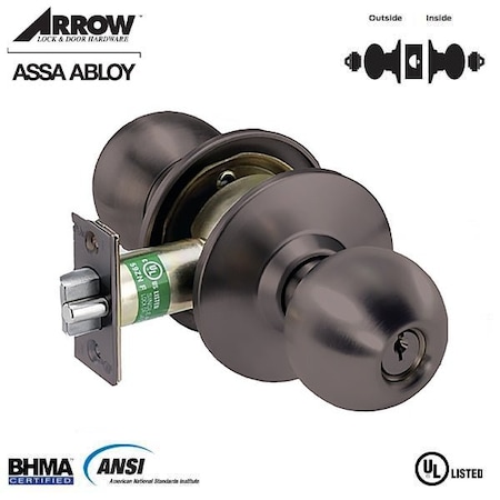 Arrow Lock MK SERIES ASYLUM KNOB GRADE 2 ANSI F87 FUNCTION BALL KNOB, SMALL ROSE OIL RUBBED BRONZE FINISH ARR-MK33BD-10B